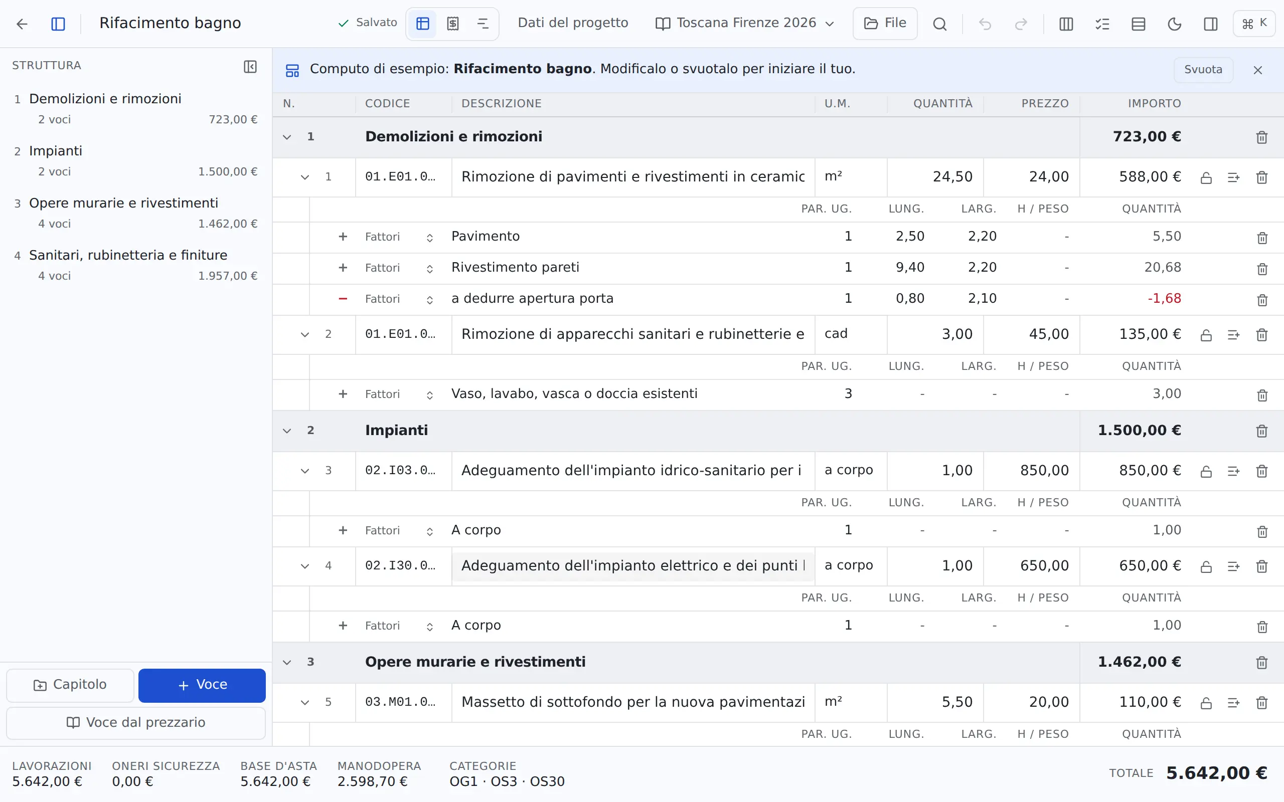 Il computo di esempio 'Rifacimento bagno' aperto nell'editor: capitoli, righe di misurazione e totale